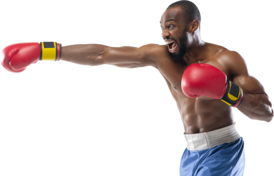 Competitive young man, African-American boxing athlete training shirtless isolated on transparent background. Concept of sport, active and healthy lifestyle, action