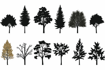 Silhouette tree set. Side view, set of graphic trees elements outline symbol for architecture and landscape design drawing. Vector illustration