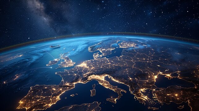 Digital representation of Earth centered on Europe, glowing lines of network and data transfer across a dark space background