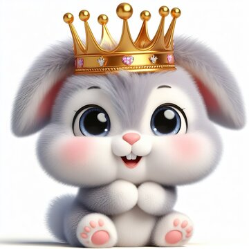 3D image cartoon of a very cute bunny with the crown isolated white background
