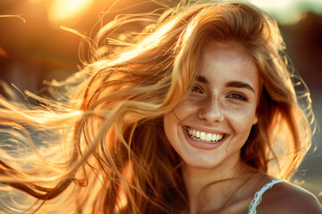 Smiling woman with beautiful hair. Voluminous hair with healthy curls and beautiful hair color - obrazy, fototapety, plakaty