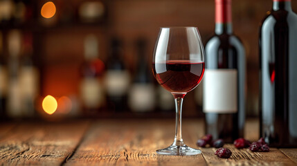 Red wine in a glass and a bottle on a wooden table.