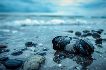 Muscheln am Strand. Sammlung Muscheln am Meeresufer mit Stein und Wasser im Hintergrund - obrazy, fototapety, plakaty