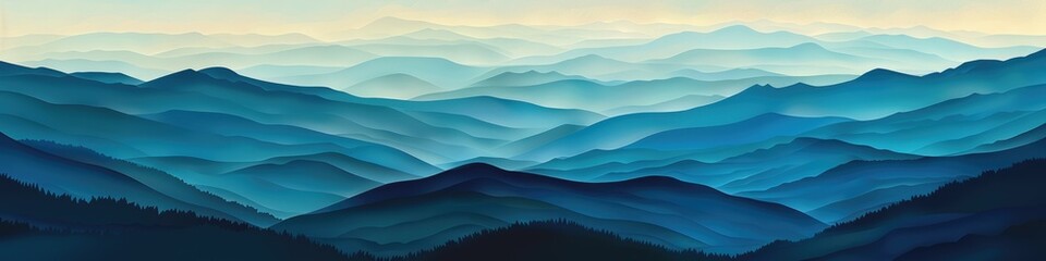 Panoramic Mountainscape. Artistic Blue Hills and Ridges Nature Scenery with Shining Aquamarine Colours of Wildness at Sunset - Flat Digital Drawn Texture Background Illustration - obrazy, fototapety, plakaty
