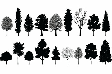 Silhouette tree set. Side view, set of graphic trees elements outline symbol for architecture and landscape design drawing. Vector illustration - obrazy, fototapety, plakaty