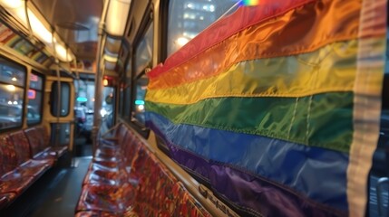 A city bus adorned with a rainbow Pride flag driving through downtown