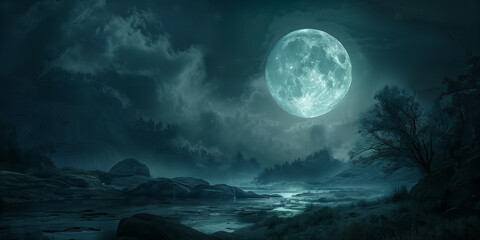 A full moon illuminates a misty river landscape, with silhouettes of trees and rocks under a starry night sky.