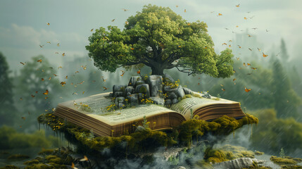 Magical large tree sprouting from an open storybook surrounded by mist, moss, and butterflies in a dreamlike forest.
