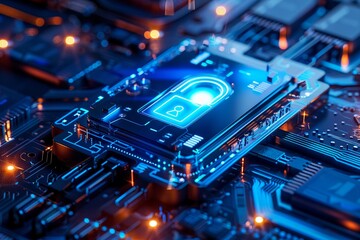 Fototapeta na wymiar Futuristic digital padlock, holographic interface, on a dark blue circuit board background, symbol of data protection