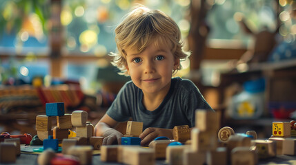 Adorable young boy with blue eyes playing with colorful wooden blocks in a sunlit room filled with toys.