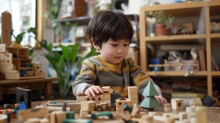 Adorable kid with blue eyes playing with colorful wooden blocks in a sunlit room filled with toys.