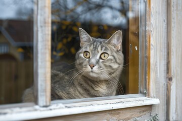Cat Safety in a Window Enclosure. Gray Cat Sitting Safely in a Special Window Frame Designed for Cat Protection