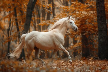 Free and Majestic: Cremello Akhal Teke Stallion Trots through Autumn Forest - obrazy, fototapety, plakaty