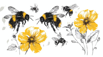 Puffy bumblebees or Bees flying near Four flowers. - obrazy, fototapety, plakaty