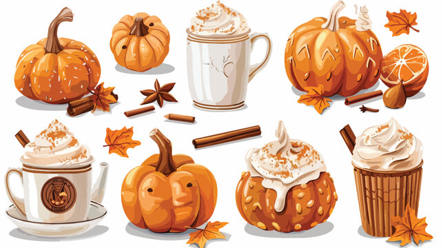 Pumpkin spice. Four tasty stuff. Colored vector set.