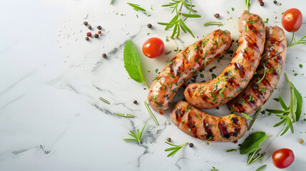 Grill food menu Summer Party Food Grilled Sausages with fresh herbs and spices on marble tabletop...