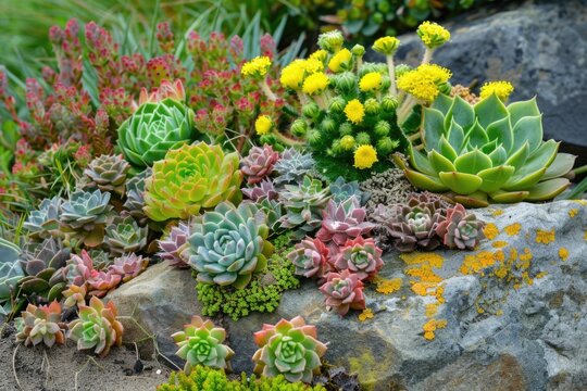 Rock Garden Rosettes: Verschiedene Sempervivum und Sedum Pflanzen auf sandigem Substrat in angepflanzter Schublade auf Gartenstuhl