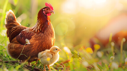 Free range organic agrarian hen with chick baby feeding chickens copy space free range hen and her chick in a green field with sun in summer free range hen looking at her chick on a fa : Generative AI