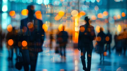Blurred lights and shadows create a dreamy almost surreal atmosphere in this image of an international business meeting. The outoffocus figures of welldressed professionals add a touch .