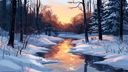 Flowing creek in snowy woods, handdrawn watercolor style, twilight, eyelevel perspective - obrazy, fototapety, plakaty