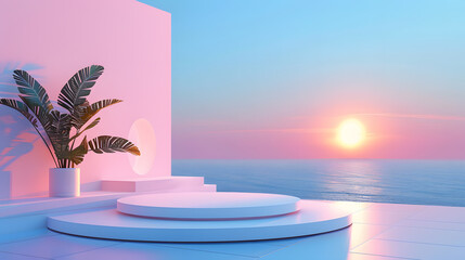 Obraz premium Realistic pink atmosphere with sunset, sphere, podium, sea, romantic,