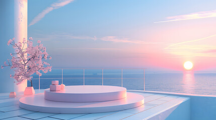 Fototapeta na wymiar Realistic pink atmosphere with sunset, sphere, podium, sea, romantic,