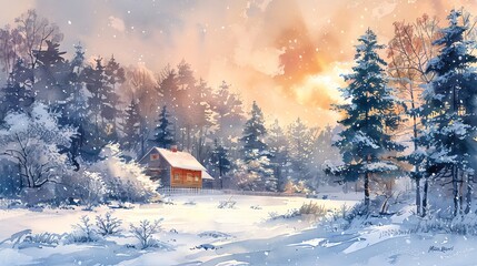 Handdrawn watercolor of a home nestled in snowy trees, twilight hues, ground perspective