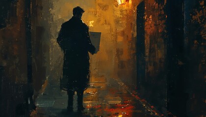 In a moody, oil painting style, depict a mysterious figure in dark alley shadows, holding a classified file - obrazy, fototapety, plakaty