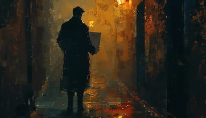 Foto op Plexiglas In a moody, oil painting style, depict a mysterious figure in dark alley shadows, holding a classified file © sunchai