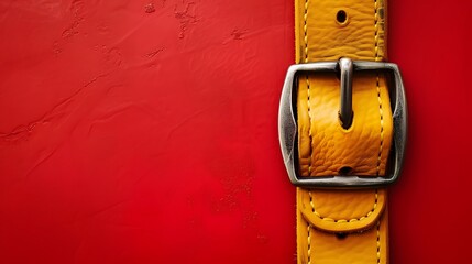 yellow new leather belt, strap with metal buckle isolated on red - obrazy, fototapety, plakaty