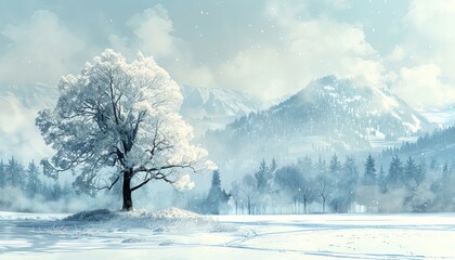 Snowy landscape with a large tree at center, watercolor style, handdrawn, soft light, eyelevel view