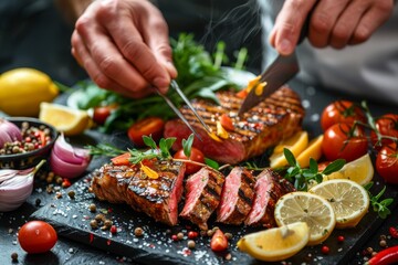 Chef preparing grilled steak in creamy lemon butter or cajun spicy sauce with herbs and garnish