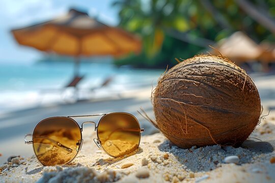 Un coco y unos lentes de sol en la arena blanca de la playa al fondo una sombrilla y el mar. Vacaciones de verano