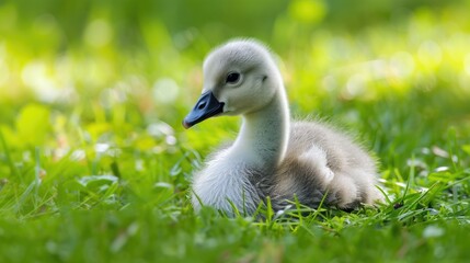 Obraz premium Graceful Baby Swan Cygnet Standing on Green Grass - Closeup View of Young Waterbird in Nature's Habitat