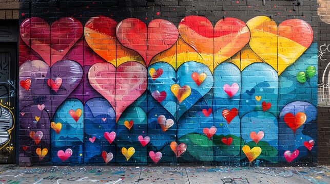 A mural with vibrant colors representing themes of love and acceptance for Pride Month