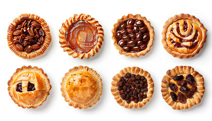 Set of different tasty pies on white background, top view