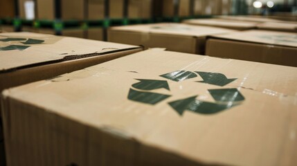 Closeup of a companys packaging labeled with the Reduce Reuse Recycle symbol highlighting their emphasis on sustainable practices. . - obrazy, fototapety, plakaty