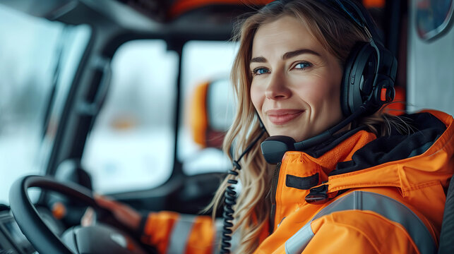 smiling Female Heavy Machinery Operator with Headset Inside truck Cabin on construction site