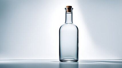 A transparent glass bottle on a solid colored background