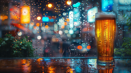 A cold beer glass on a table with bokeh lights from the bars interior lights.