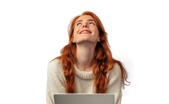 Redhead with Laptop Looking Upward