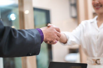 Fototapeta na wymiar professional businessman person team meeting business partner for a deal agreements partnership job, using hand to make handshake with success teamwork, collaboration corporate work in office company