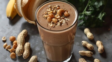 Creamy peanut butter banana smoothie topped with nuts and seeds on a rustic background

