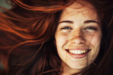 Smiling woman with beautiful hair. Voluminous hair with healthy curls and beautiful hair color