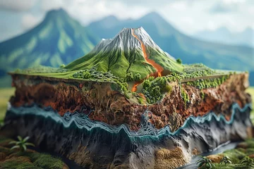 Foto auf Alu-Dibond Produce a digitally rendered image in photorealistic style presenting a cross-sectional illustration of a volcanic island from an eye-level angle. © HADAPI