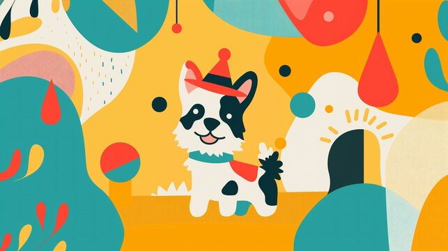 Colorful Illustrated Birthday Party Scene with Cute Dogs in Party Hats