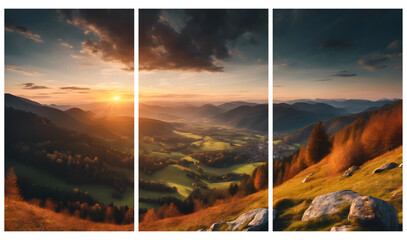A sunset panoramic landscape with mountains, widescreen, triptych