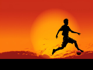 Fototapeta na wymiar A man silhouette is kicking a soccer ball in the air. The sky is orange and the sun is setting