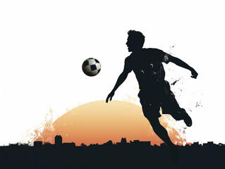 A man silhouette is kicking a soccer ball in the air. The sky is orange and the sun is setting
