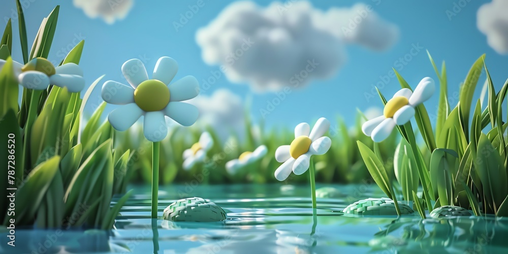 Wall mural minimalist spring stream grass simple, grass, cute landscape, aspect ratio 2:1